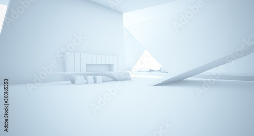 Abstract architectural white interior of a minimalist house with swimming pool. 3D illustration and rendering.