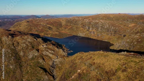 Aerial footage of Ovre Jordalsvatnet, a lake in the mountains of Bergen, Norway, This lake is located along the vidden trial, which brings one from Mt Floyen to Mt Ulriken, vice-versa. photo