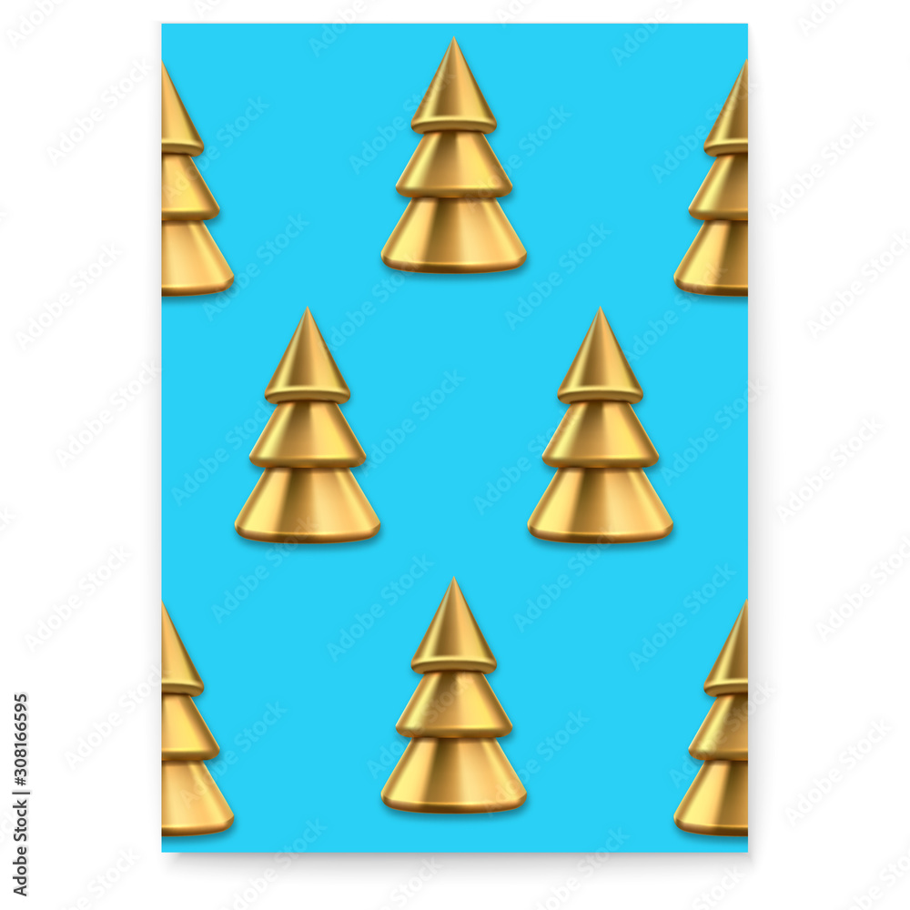 Trendy poster with xmas pattern. Golden Christmas trees. Realistic metallic pines with shadow on blue background. Vector 3d illustration Trendy poster with xmas pattern. Golden Christmas trees. Realistic metallic pines with shadow on blue background. Vector 3d illustration
