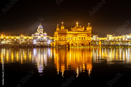 The Famous Golden temple of Amritsar at night, India. Place of Pilgrimage for Sikh religion