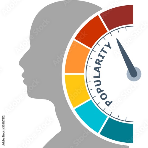 Color scale with arrow from blue to red. Popularity measuring device icon. Sign tachometer, speedometer, indicators. Colorful infographic gauge element. Head of man silhouette.