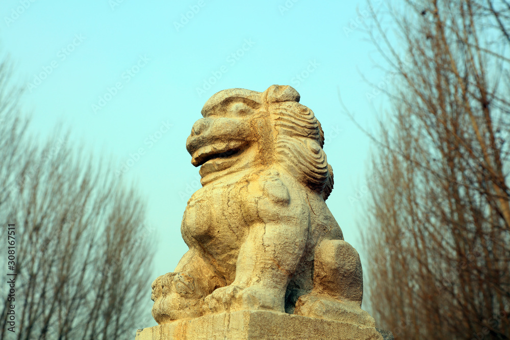 Ancient Chinese stone lion sculpture