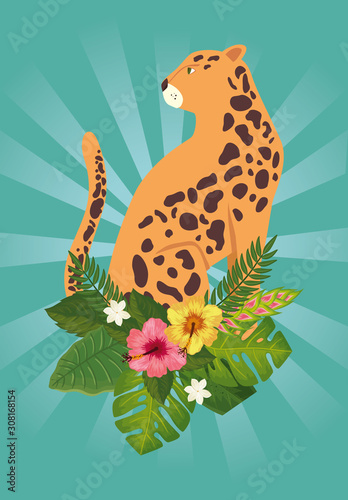leopard animal with flowers and leafs isolated icon vector illustration design