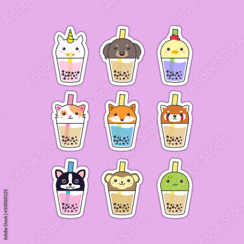 cute boba tea animal character design 
