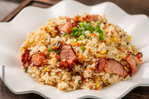 Asia Chinese China food cuisine. Authentic Yangzhou fried rice with egg, fresh prawn.