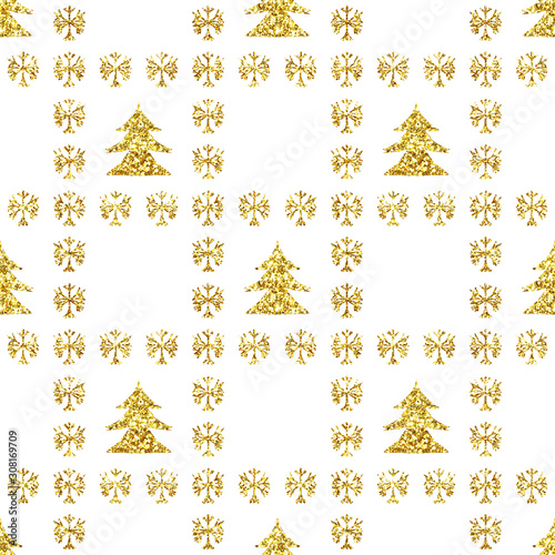 Watercolor glitter Scandinavian Christmas  seamless pattern border with deers pine trees and snowflakes photo