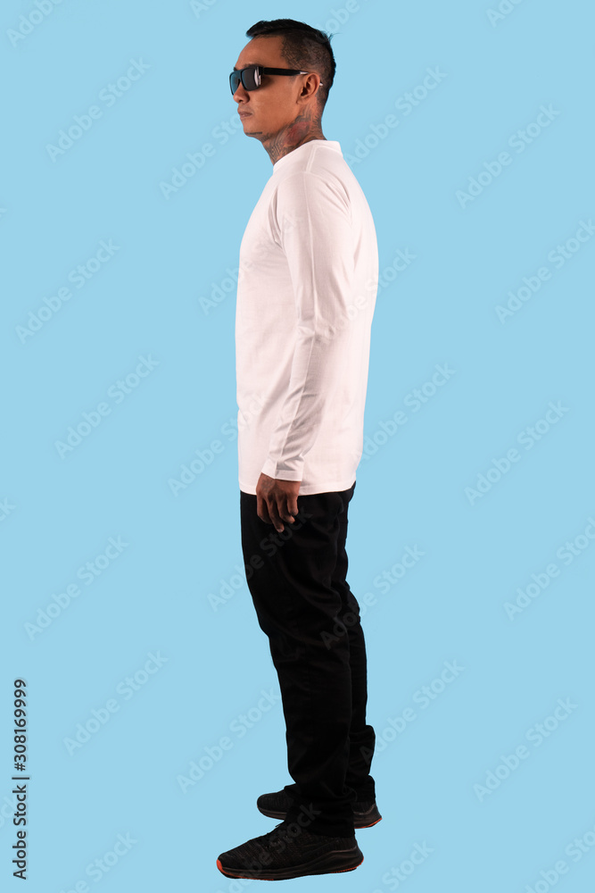 Man wearing white t shirt isolated on white background. Young hipster ...