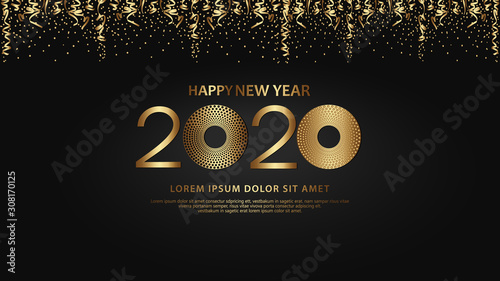 Happy new year 2020 typography text celebration poster design. glowing and glitters golden number with circle dots halftone element and dark sky background vector illustration.
