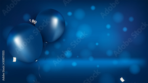 Background with color of the year 2020 classic blue.Template with air balloons, bokeh, confetti.Vector.