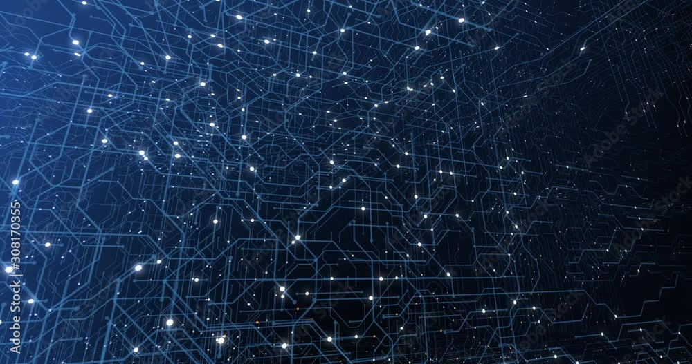 4K seamless loop of print circuit technology cyber and futuristic concept. Circuit Board with moving electrons. CPU processing Data. Futuristic HUD technology Screen Data animation. 3D render