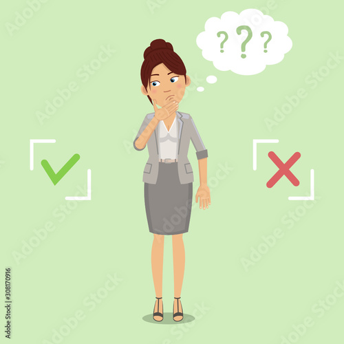 Illustration of a businesswoman making decision. Thoughtful woman. Thinking, unsure, confused, vote check marks. Flat style vector illustration