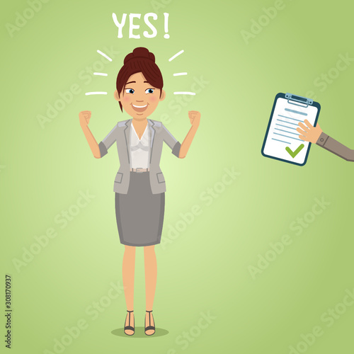 Illustration of a happy businesswoman with accepted document. Cheerful woman with accepted proposal. Success, confident, joy, emotional face. Flat style vector illustration