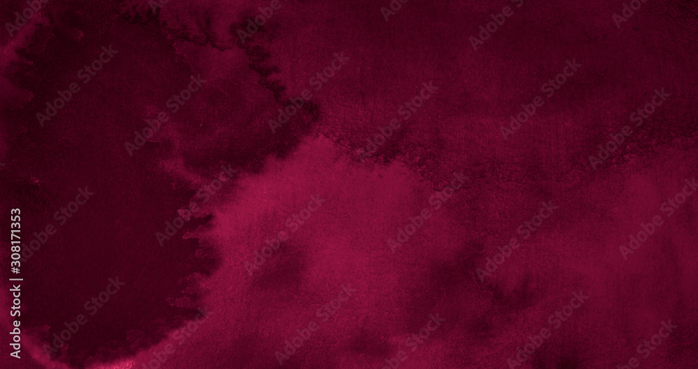 Dark saturated burgundy watercolor background with torn strokes and uneven spots. Trend color texture. Abstract background for design, layouts and patterns.