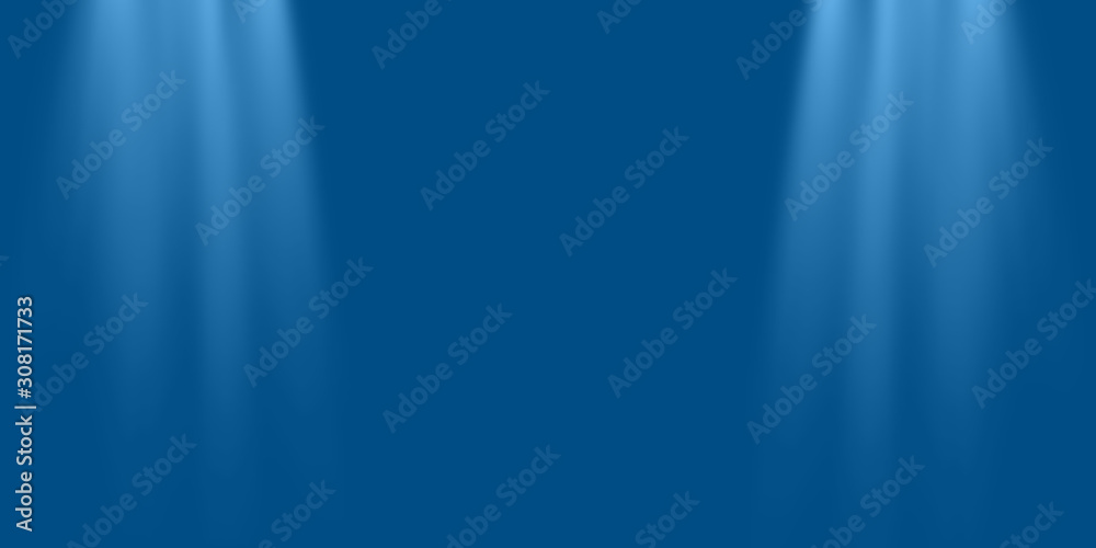 Empty scene blue wall with two spotlights. Stock image of abstract spot light on blue blank background, glowing color bright beams on stage. Beautiful for design card, advert anniversary, product