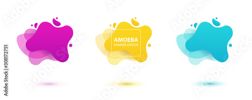 Amoeba liquid design. Dynamical colored forms of amoeba. Modern banner template for logo, flyer, presentation design. Yellow, red, blue colors.