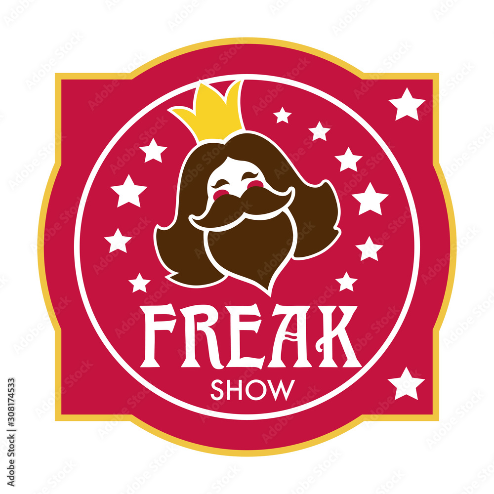Freak show icon with bearded lady head and stars Freak show icon with bearded lady head and stars