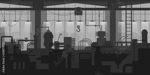 Factory plant interior with conveyor and manufacturing equipment in grey