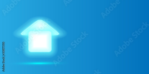 Abstract blue neon house, monochrome minimal background. Concept construction buildings or sale of real estate, light gradient vector. Delicate surrealism of geometric art illustration.