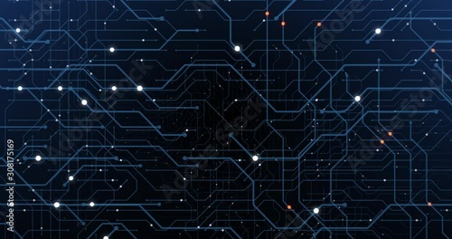 4K seamless loop of print circuit technology cyber and futuristic concept. Circuit Board with moving electrons. CPU processing Data. Futuristic HUD technology Screen Data animation. 3D render