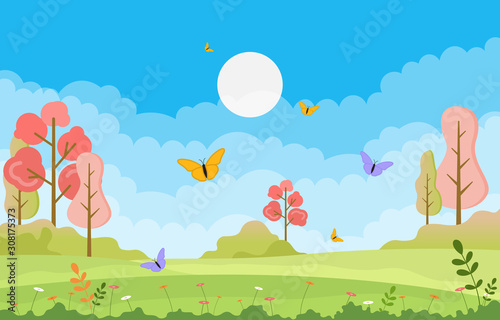 Summer Spring View in City Park Outdoor Landscape Flat Illustration