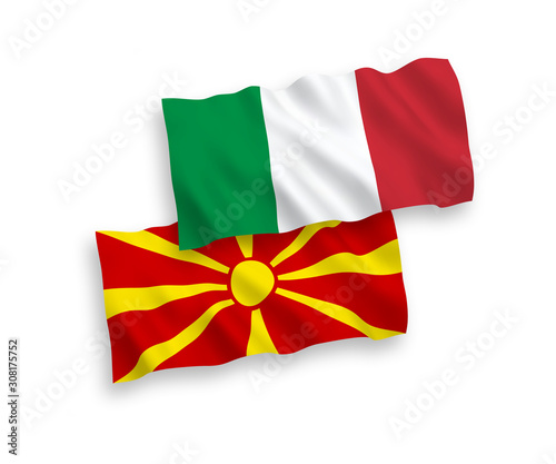 National vector fabric wave flags of Italy and North Macedonia isolated on white background. 1 to 2 proportion.