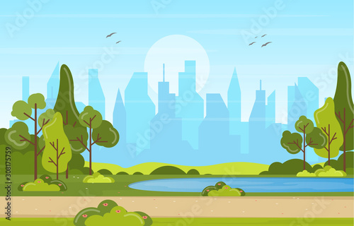 Summer Spring View in City Park Outdoor Landscape Flat Illustration