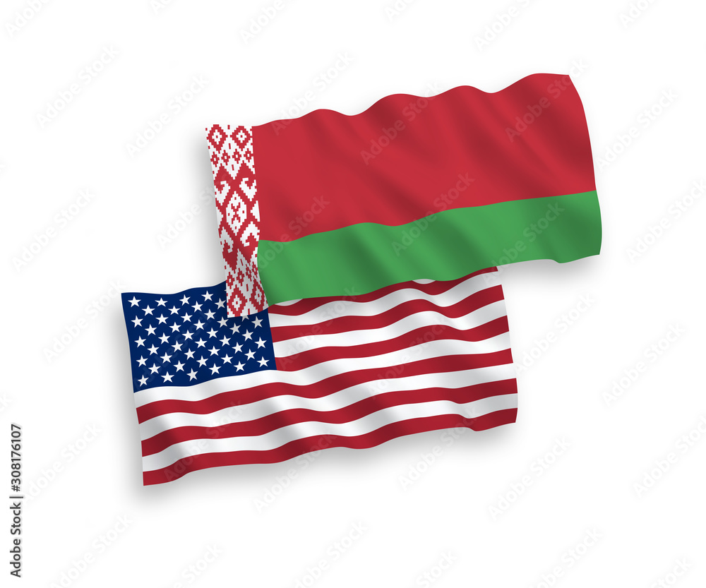 Obraz premium National vector fabric wave flags of Belarus and USA isolated on white background. 1 to 2 proportion.