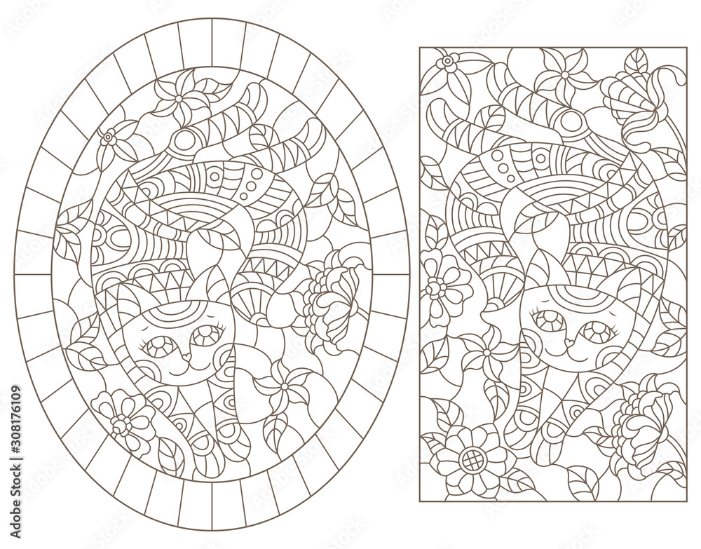 A set of contour illustrations of stained glass cats on a background of flowers, dark outline on a white background A set of contour illustrations of stained glass cats on a background of flowers, dark outline on a white background