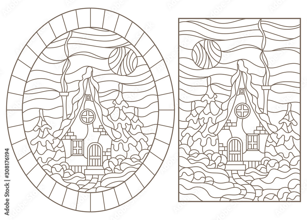 Set contour illustrations of the stained glass Windows with the village houses in the background of a winter landscape,dark contours on white background