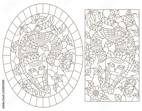 A set of contour illustrations of stained glass cats on a background of flowers  dark outline on a white background