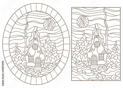 Set contour illustrations of the stained glass Windows with the village houses in the background of a winter landscape,dark contours on white background
