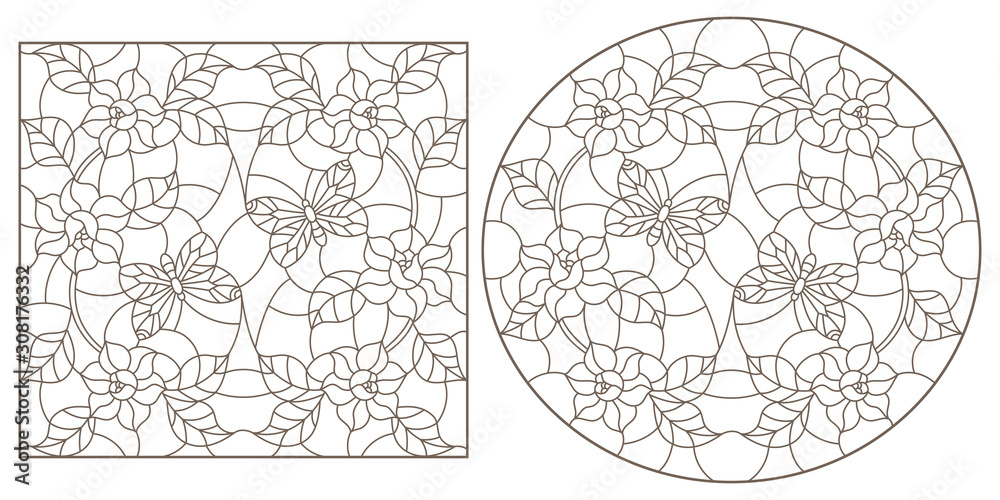 Set of contour illustrations of stained-glass Windows with flowers and butterflies,  darrk contour on white background