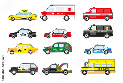 Public service and emergency response vehicle cars collection side view