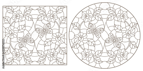 Set of contour illustrations of stained-glass Windows with flowers and butterflies, darrk contour on white background
