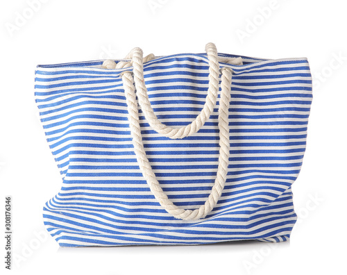 Stylish beach bag on white background