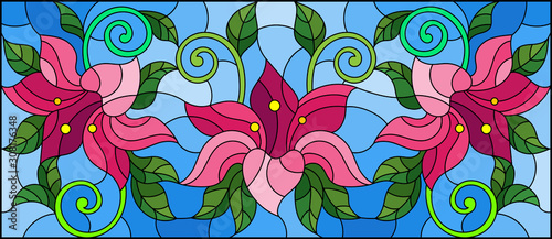llustration in stained glass style with flowers, leaves and buds of pink lilies on a blue background