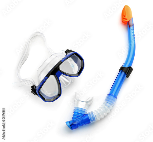 Snorkeling mask and tube on white background
