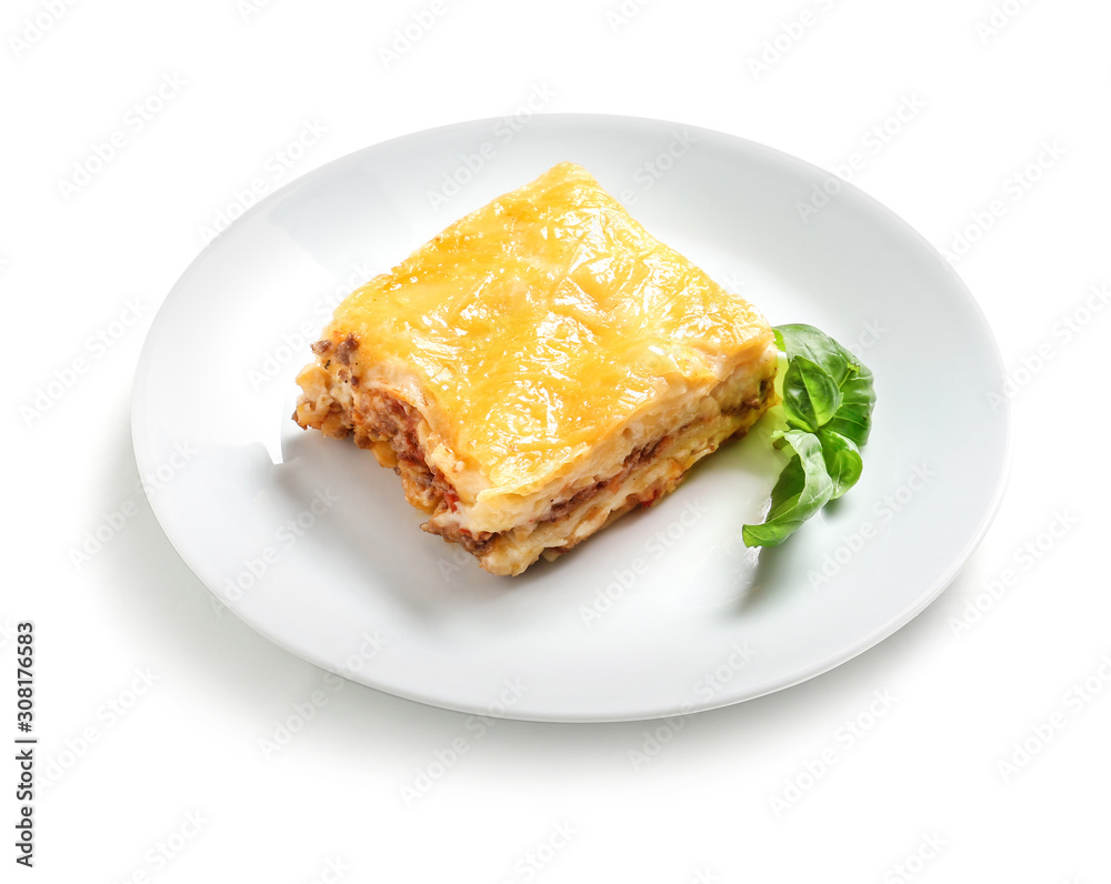 Plate with tasty baked lasagna on white background