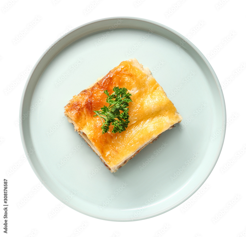 Plate with tasty baked lasagna on white background Plate with tasty baked lasagna on white background