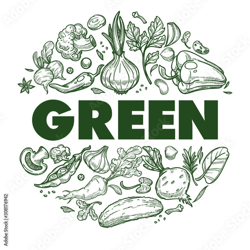 Green vegetables banner with hand drawn icons set in circle