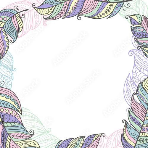 Boho style frame with colorful ornamental feather. Vector ethnic print design. Pastel colors vector hand drawn, tribal gypsy concept.