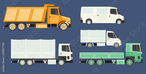 Trucks or vans collection with load transportation vehicles side view