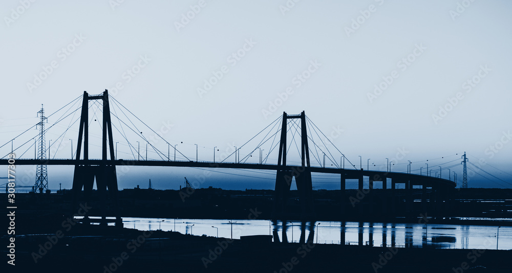Fototapeta premium Silhouette of the suspension bridge blue toned