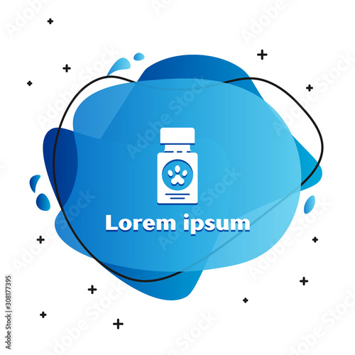 White Dog medicine bottle and pills icon isolated on white background. Container with pills. Prescription medicine for animal. Abstract banner with liquid shapes. Vector Illustration