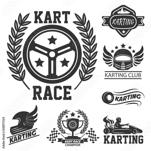 Karting club graphic logo set with kart race elements