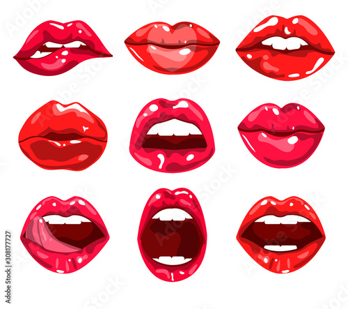 Red glossy lips and female mouth expressing different emotions set photo