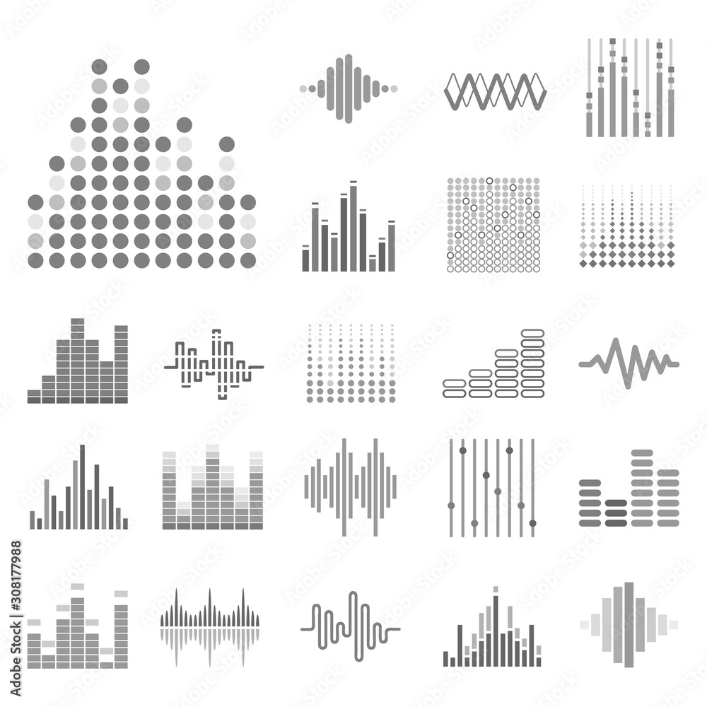 Sound waves and audio digital equalizer icons collection in grey - obrazy, fototapety, plakaty 