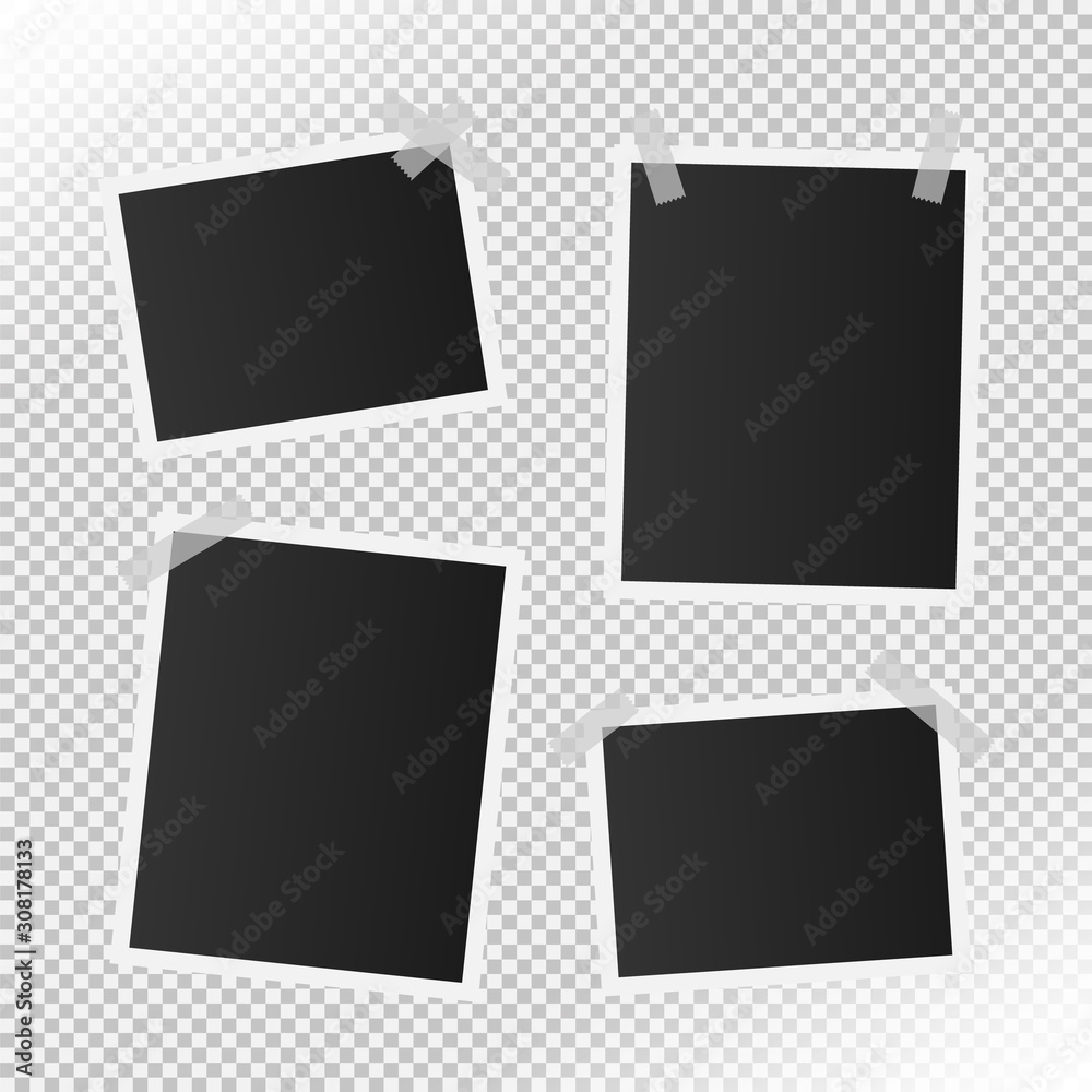 set of realistic vector photo frame on transparent background. vector illustration with adhesive tapes. real size photo. - obrazy, fototapety, plakaty 