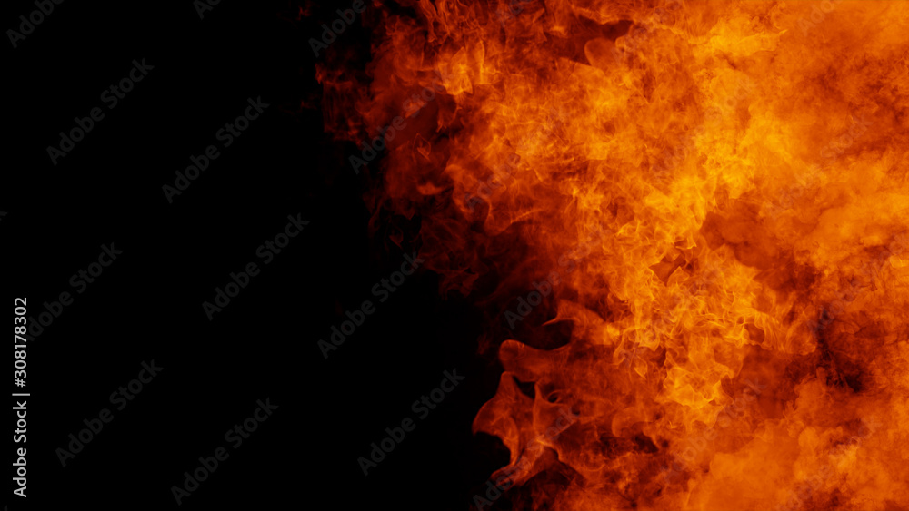 Texture of burn fire with particles embers. Flames on isolated black background. Texture for banner,flyer,card .