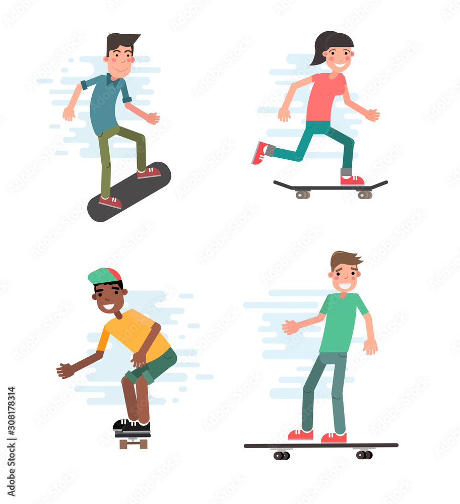 Modern urban teenage boys and girls on skateboard vector illustration. Set of isolated cartoon characters. City skaters have fun and do stunt and tricks. Skate extreme sport